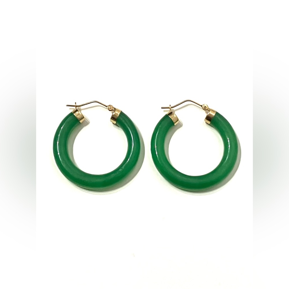 14K Green Jade Hoop Earrings
